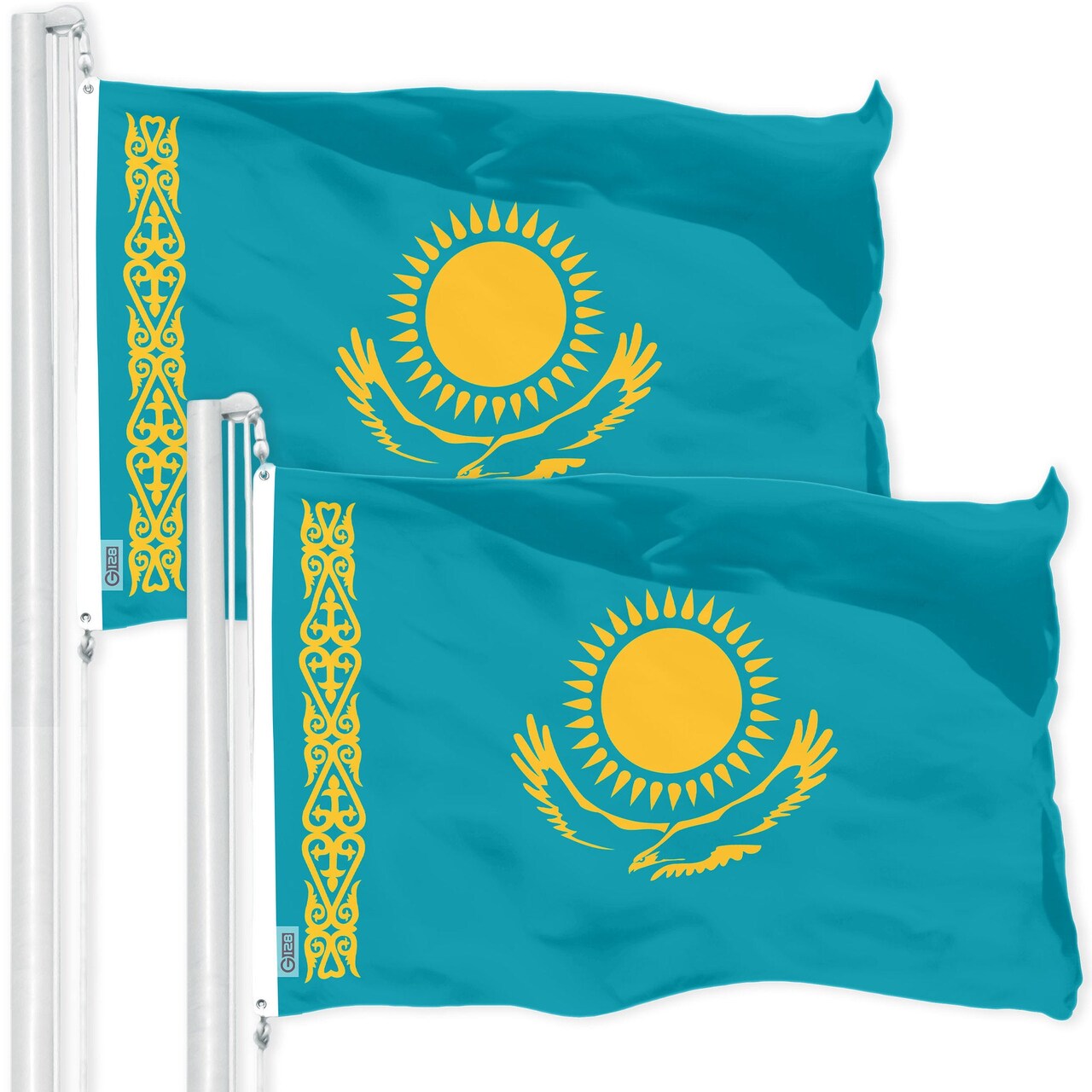 G128 2 Pack: Kazakhstan Kazakhstani Flag | 3x5 Ft | LiteWeave Pro Printed 150D Polyester | Country Flag, Indoor/Outdoor, Vibrant Colors, Brass Grommets, Thicker and More Durable Than 100D 75D Poly